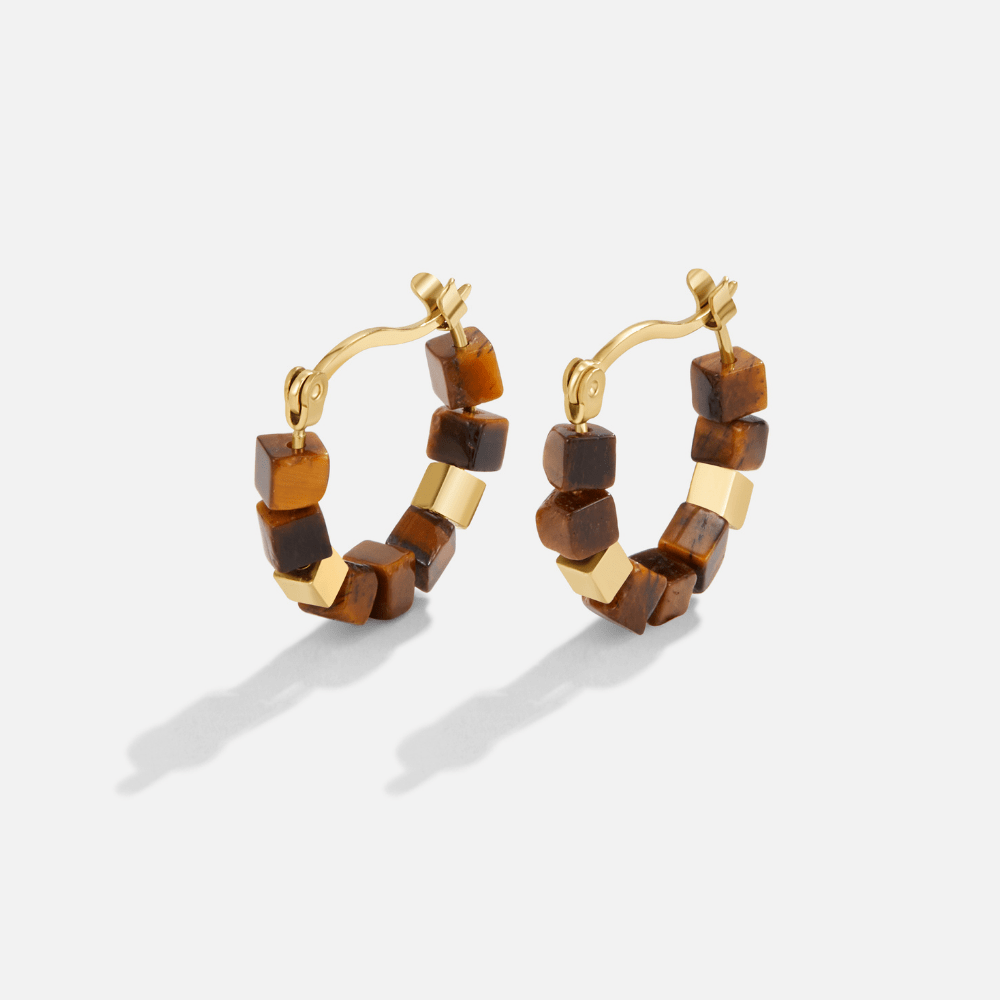 Gold Tiger Eye Cube Hoop Earrings
