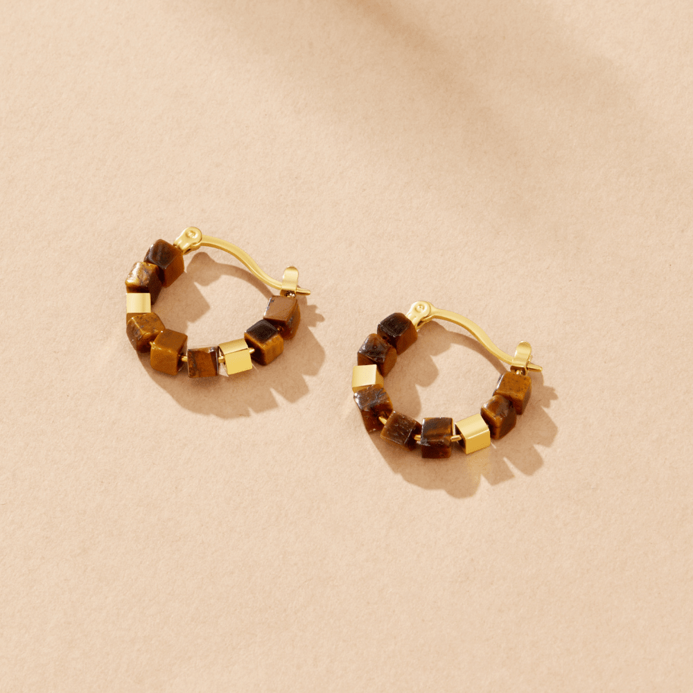 Gold Tiger Eye Cube Hoop Earrings