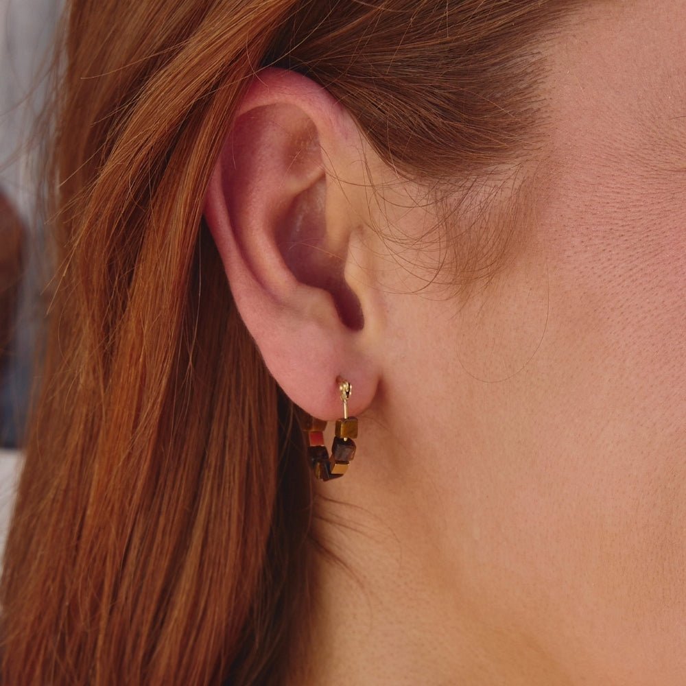 Gold Tiger Eye Cube Hoop Earrings