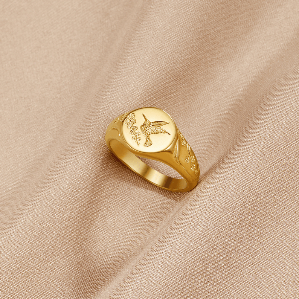 Golden Hummingbird Signet Ring