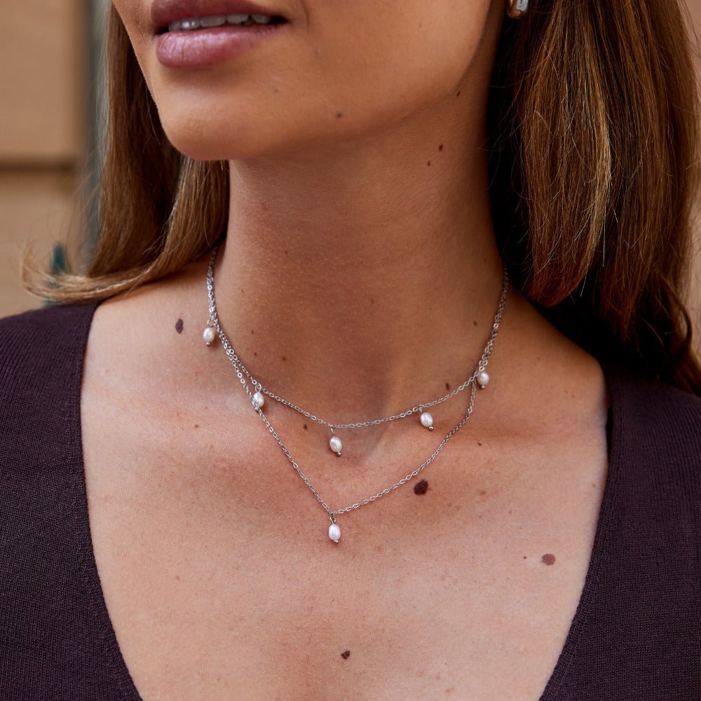 Kayla Pearl Drop Layered Silver Necklace
