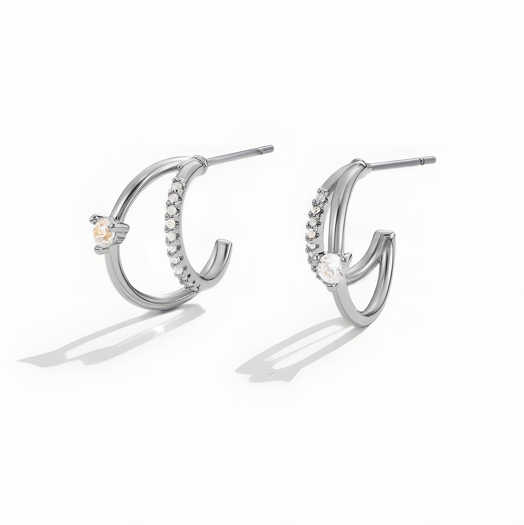 Layered Crystal Silver Hoop Earrings