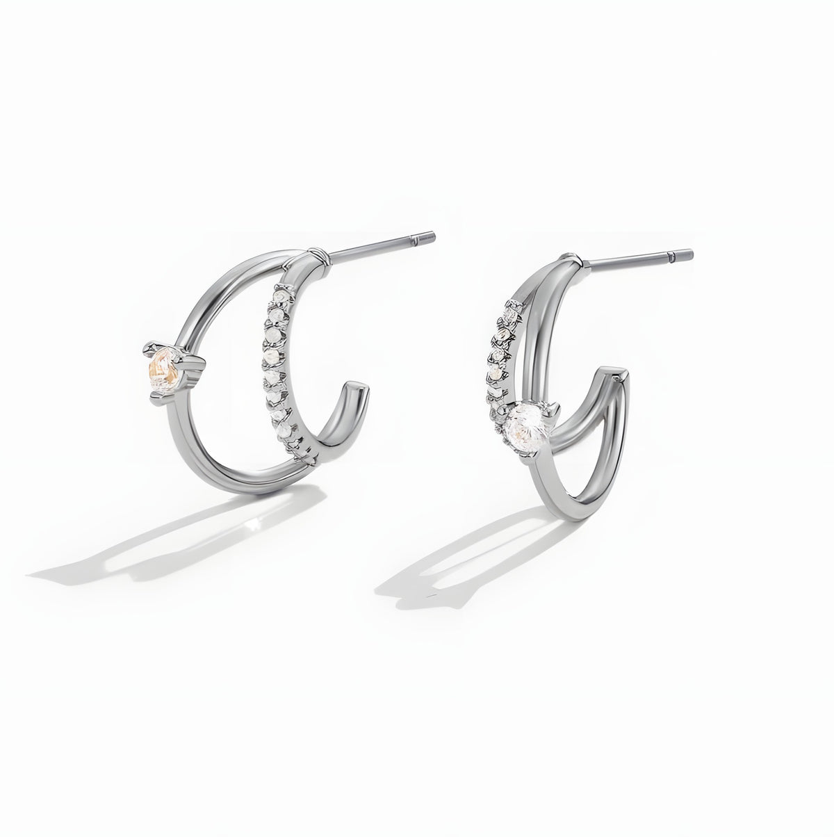 Layered Crystal Silver Hoop Earrings
