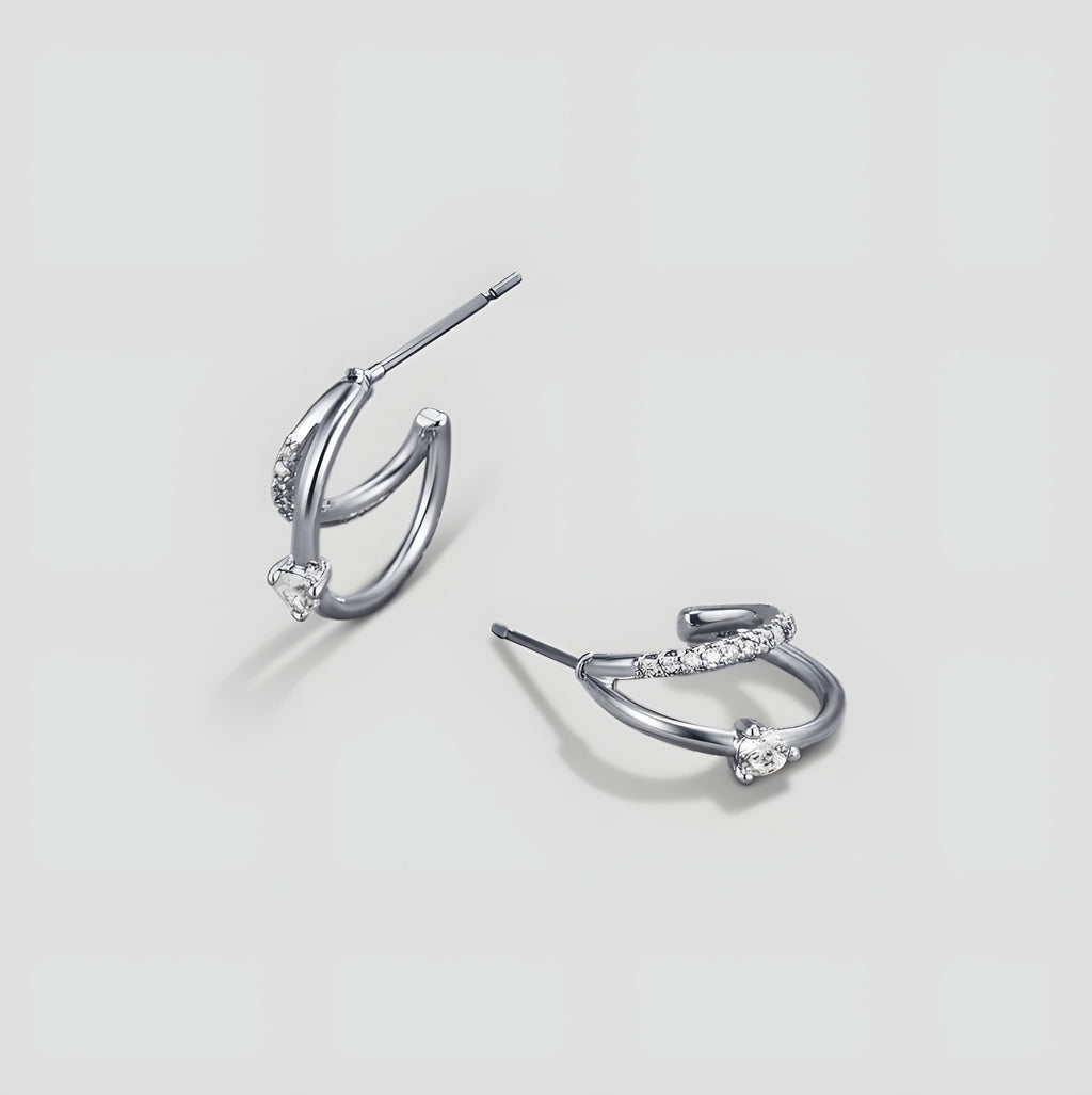 Layered Crystal Silver Hoop Earrings