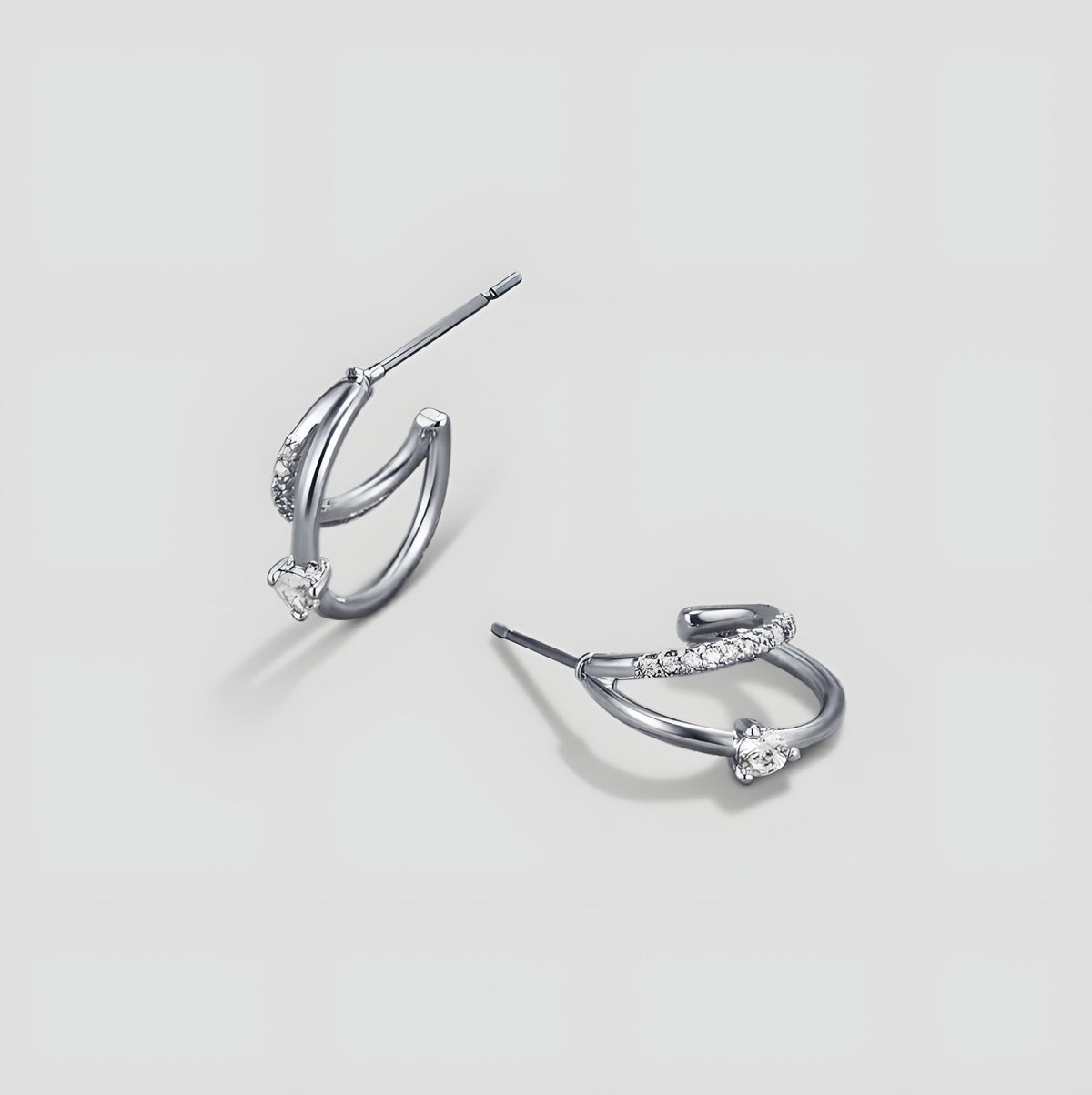 Layered Crystal Silver Hoop Earrings