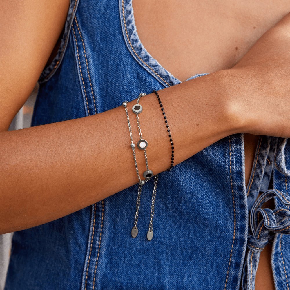 Onyx & White Stone Silver Bracelet