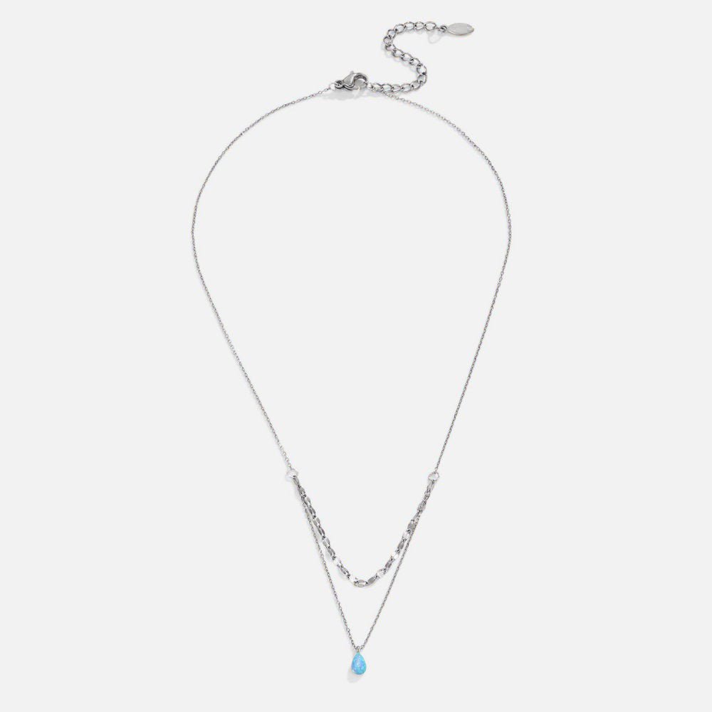 Silver Blue Opal Teardrop Layered Necklace