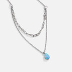Silver Blue Opal Teardrop Layered Necklace