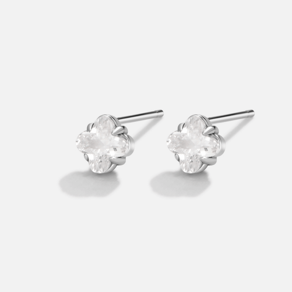 Silver Crystal Clover Stud Earrings