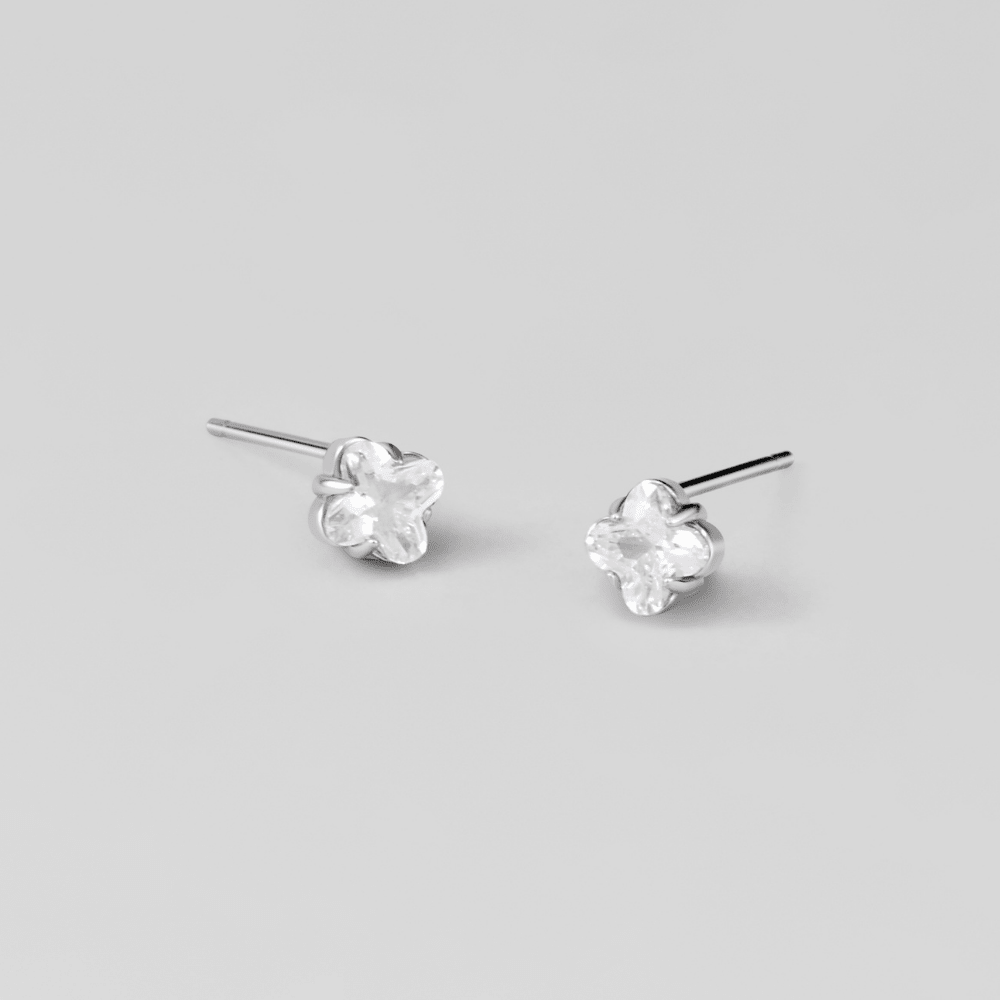 Silver Crystal Clover Stud Earrings
