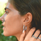 Silver Sculpted Flower Hoop Earrings